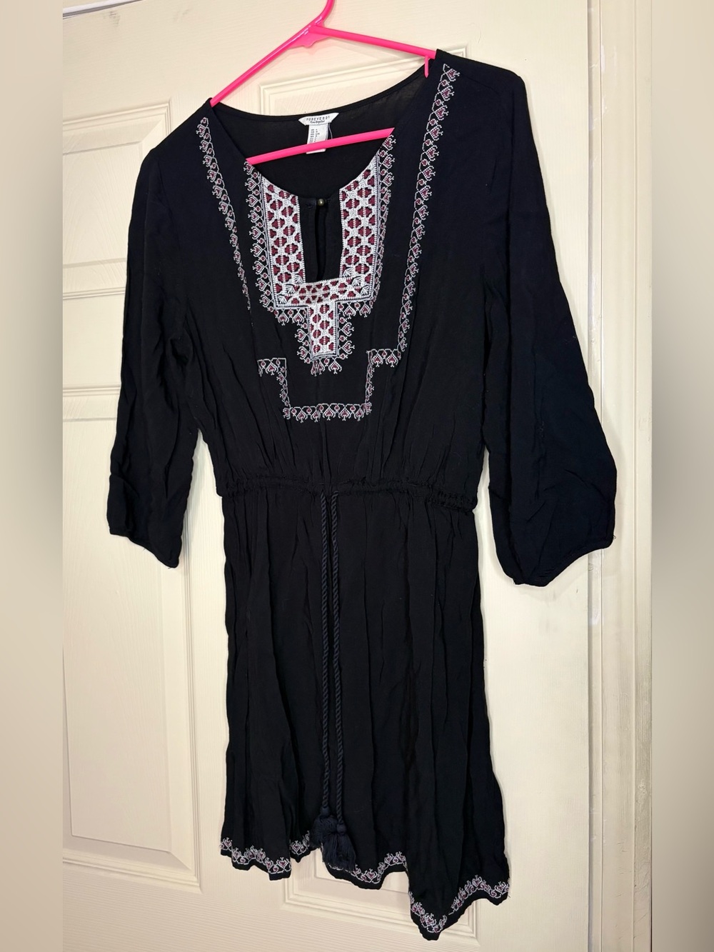 Forever 21 Black Embroidered Long-Sleeve Boho Dress